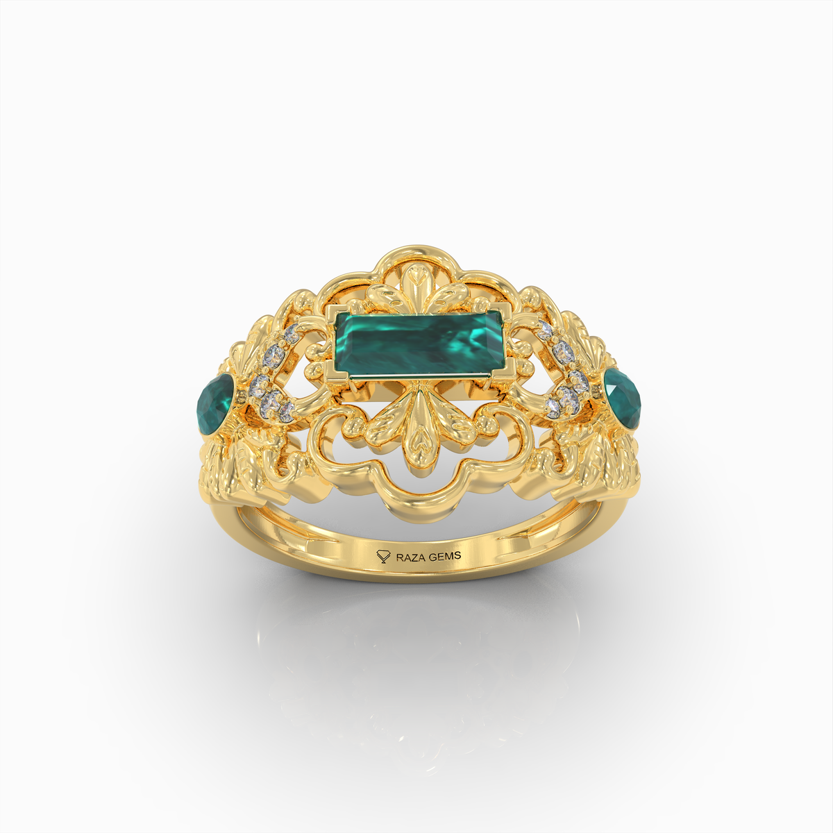 Aileen - 18K Solid Gold Emerald Baguette Ring with Sparkle Moissanite Accents | Available in Yellow, White & Rose Gold
