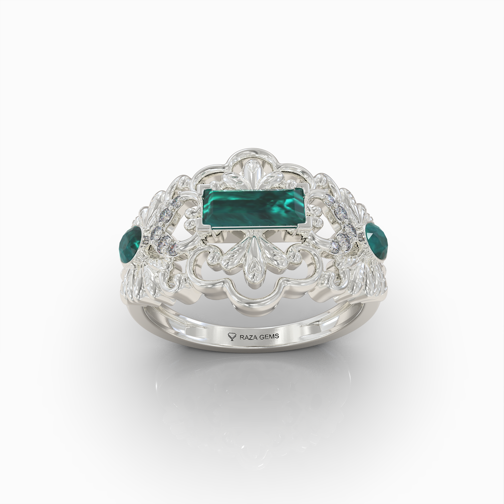 Aileen - 18K Solid Gold Emerald Baguette Ring with Sparkle Moissanite Accents | Available in Yellow, White & Rose Gold