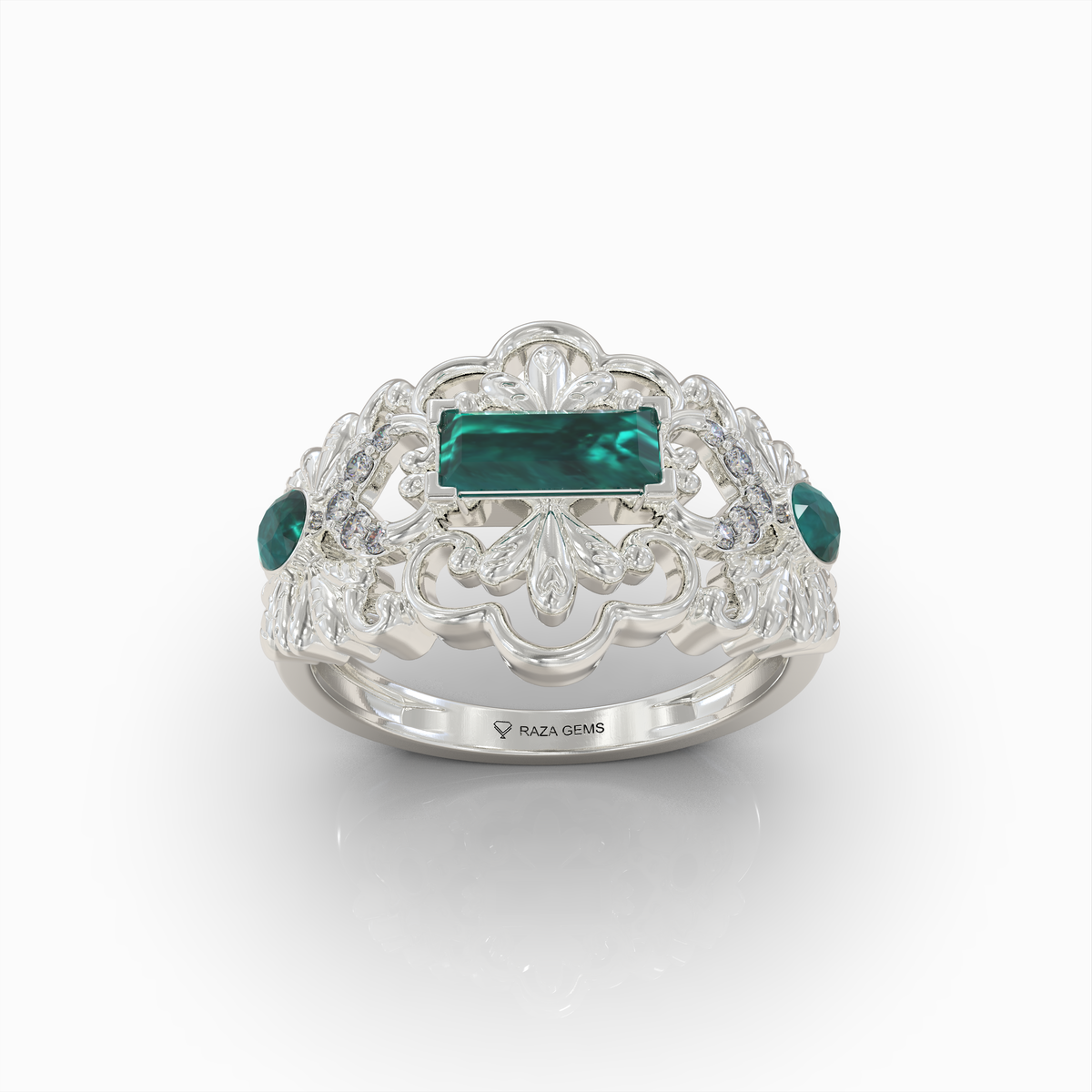 Aileen - 18K Solid Gold Emerald Baguette Ring with Sparkle Moissanite Accents | Available in Yellow, White & Rose Gold