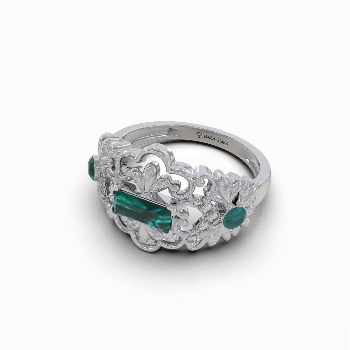 Aileen - 18K Solid Gold Emerald Baguette Ring with Sparkle Moissanite Accents | Available in Yellow, White & Rose Gold