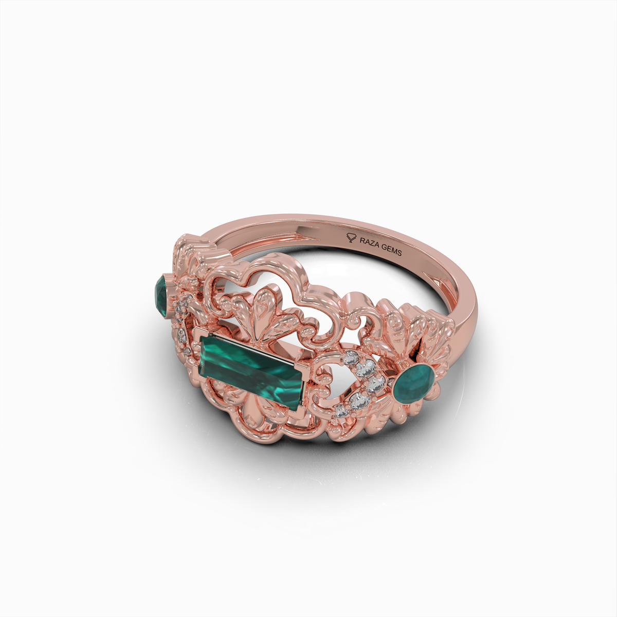 Aileen - 18K Solid Gold Emerald Baguette Ring with Sparkle Moissanite Accents | Available in Yellow, White & Rose Gold
