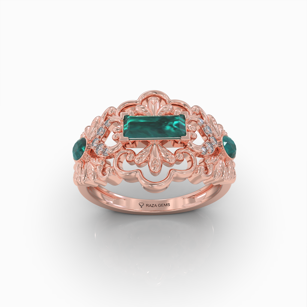 Aileen - 18K Solid Gold Emerald Baguette Ring with Sparkle Moissanite Accents | Available in Yellow, White & Rose Gold
