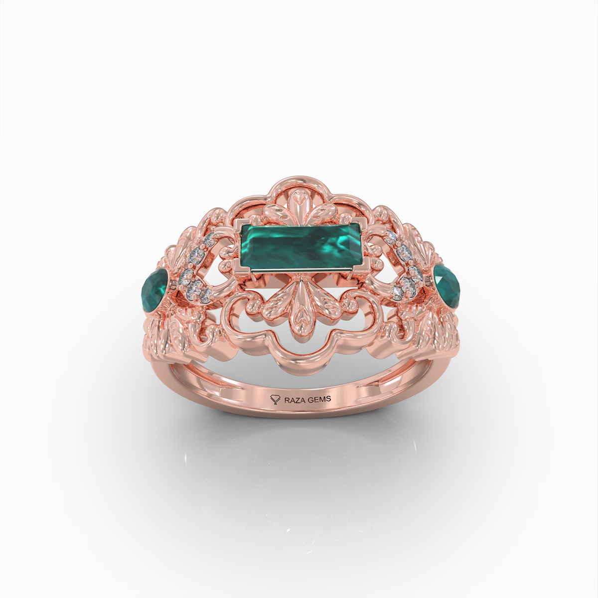 Aileen - 18K Solid Gold Emerald Baguette Ring with Sparkle Moissanite Accents | Available in Yellow, White & Rose Gold