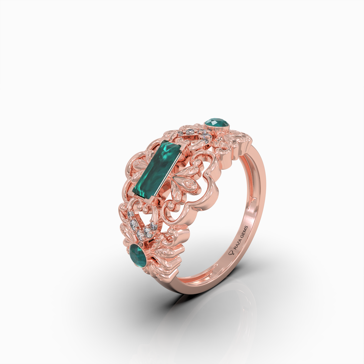 Aileen - 18K Solid Gold Emerald Baguette Ring with Sparkle Moissanite Accents | Available in Yellow, White & Rose Gold