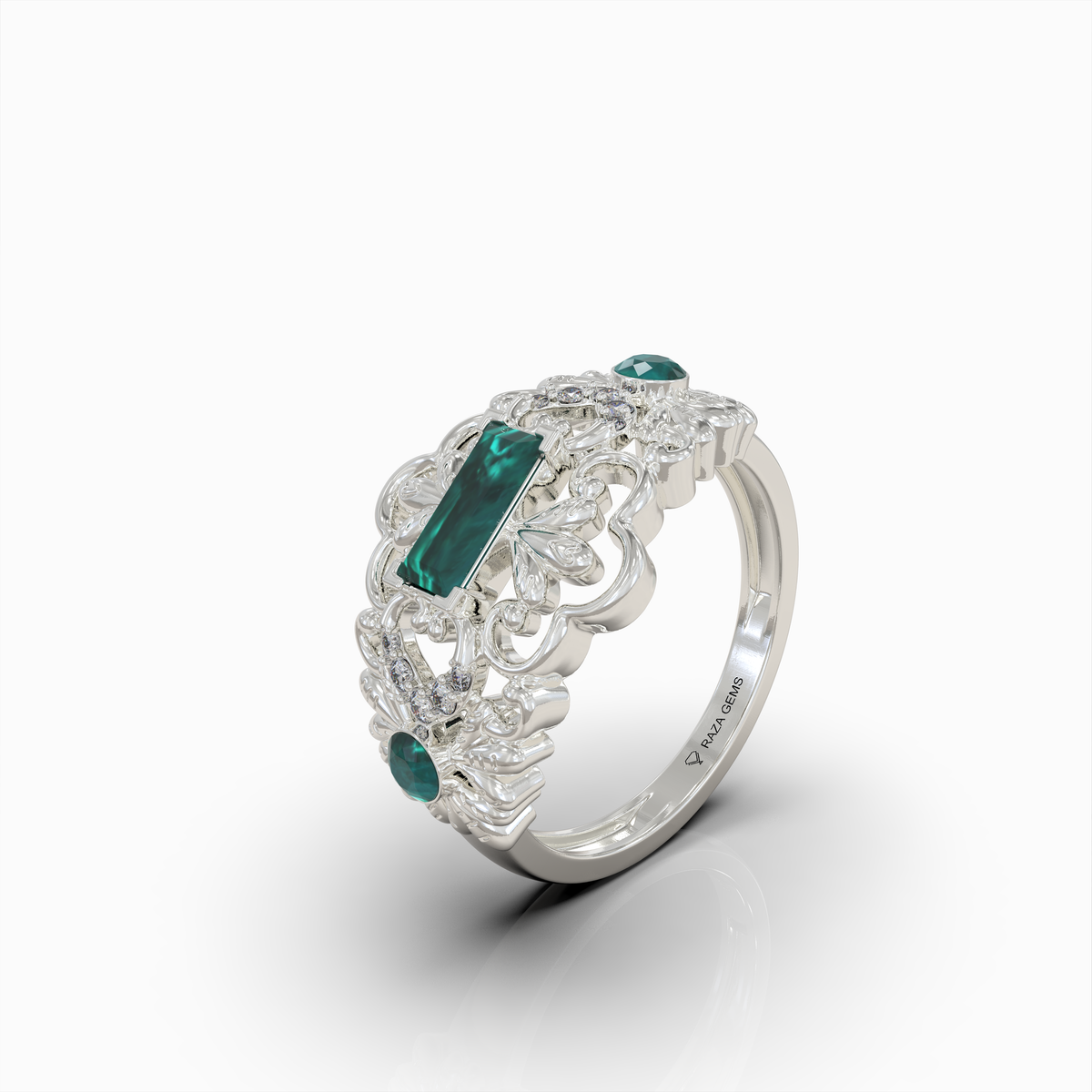 Aileen - 18K Solid Gold Emerald Baguette Ring with Sparkle Moissanite Accents | Available in Yellow, White & Rose Gold