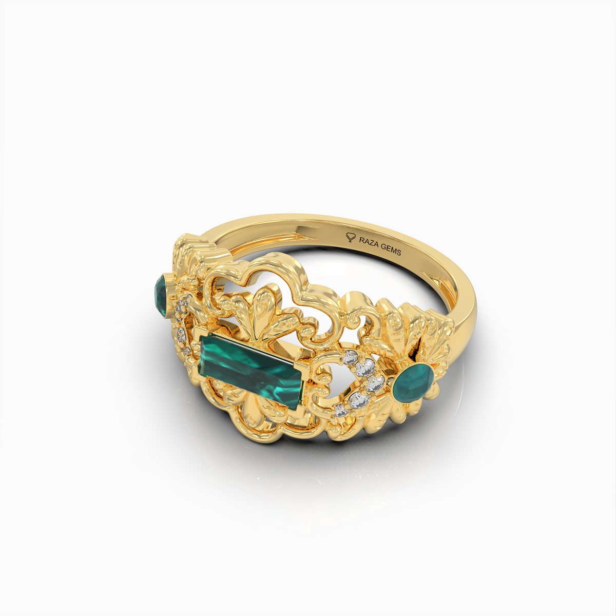 Aileen - 18K Solid Gold Emerald Baguette Ring with Sparkle Moissanite Accents | Available in Yellow, White & Rose Gold