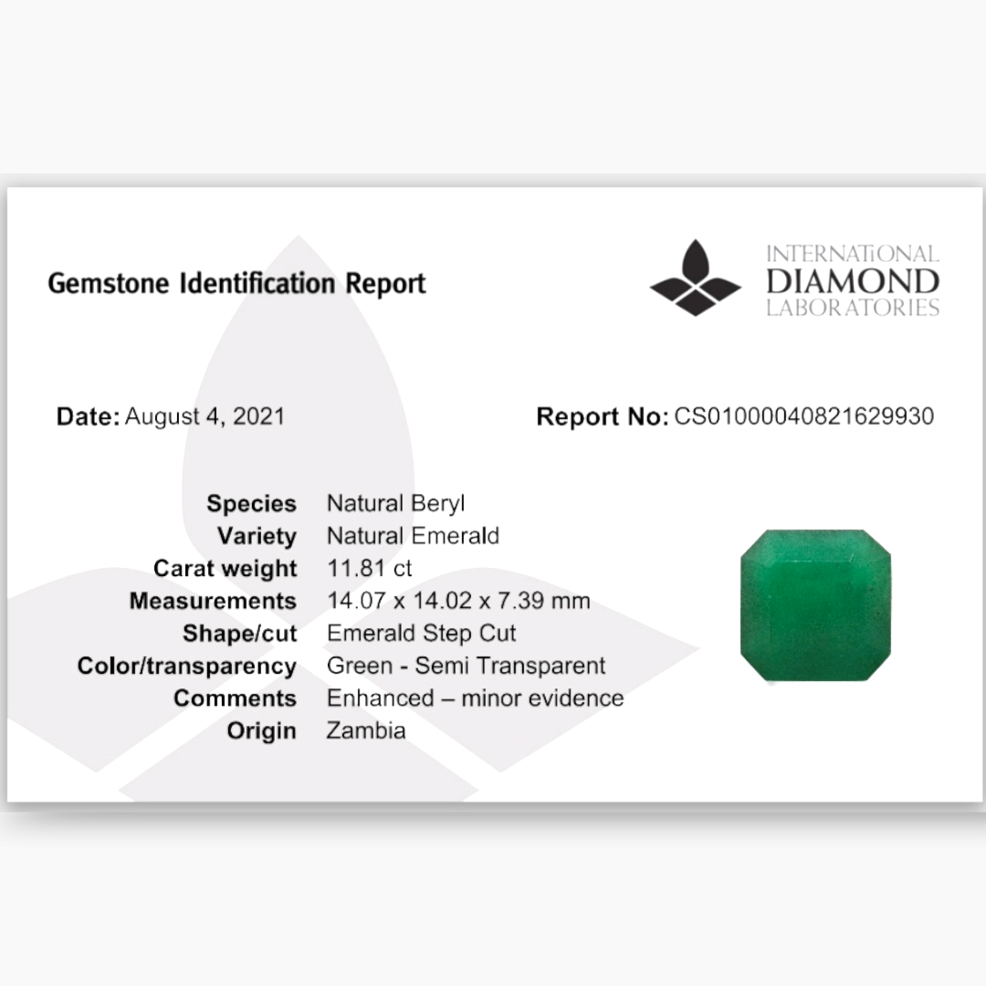 Natural Zambian Emerald Stone 11.82 Carats Emerald Cut ( 14.07x14.02x7.39 mm )