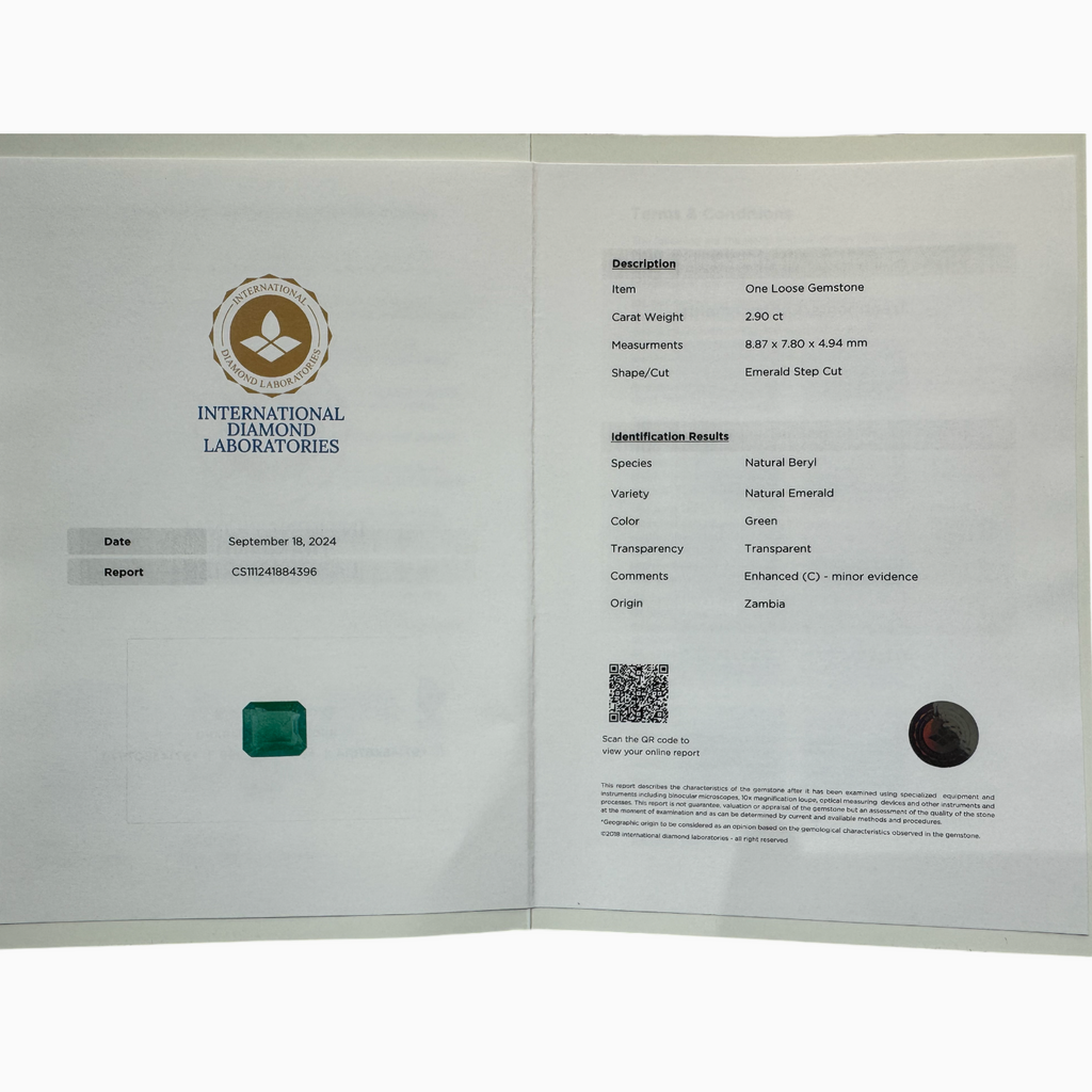 Natural Zambian Emerald Stone 2.90Carats Emerald Cut 8.87 x 7.80 x 4.94 mm Idl Certified