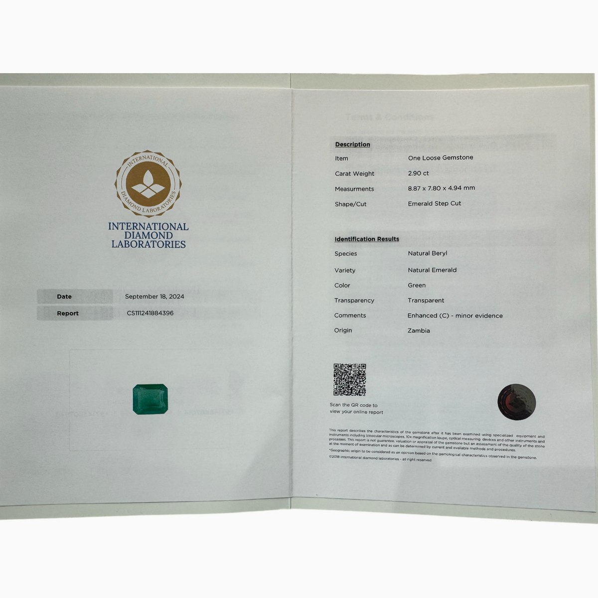 Natural Zambian Emerald Stone 2.90Carats Emerald Cut 8.87 x 7.80 x 4.94 mm Idl Certified
