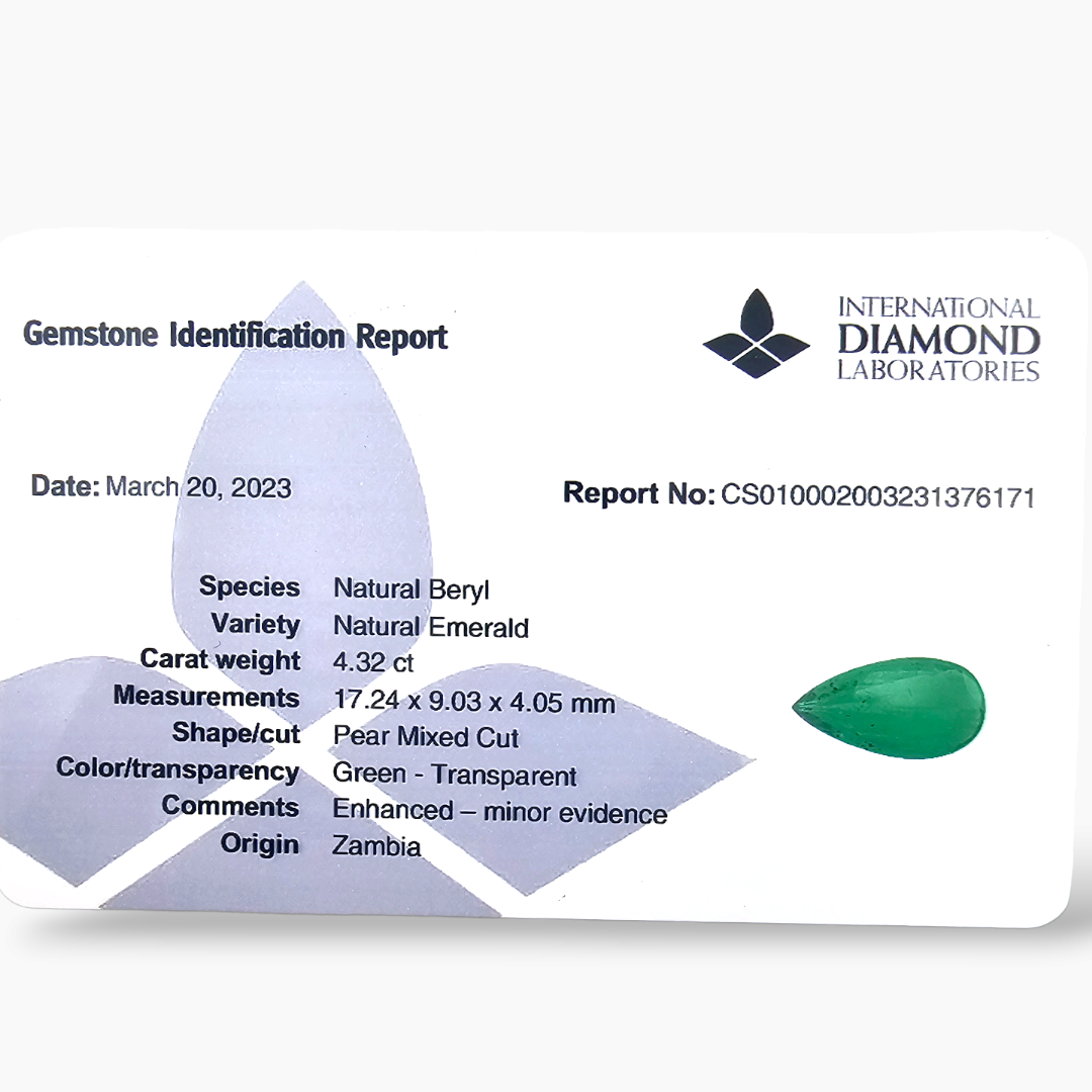 Natural Zambian Emerald Stone 4.32 Carats Pear Cut
