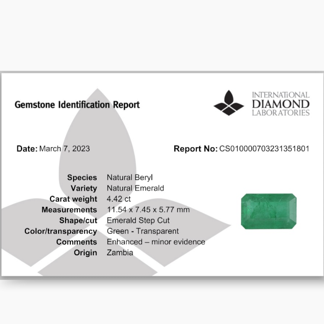 Natural Zambian Emerald Stone 4.42 Carats Emerald Cut ( 11.6x7.5x5.8 mm )