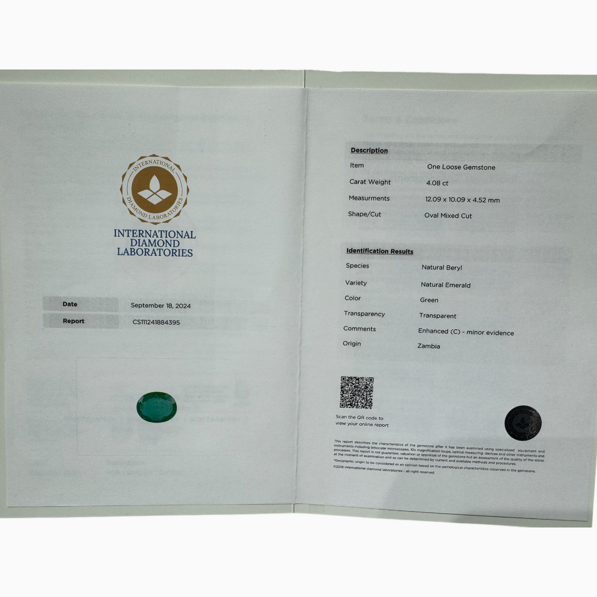 Natural Zambian Emerald Stone 4.80 Carats Oval  12.09x 10.09 x 4.52 mm Idl Certified
