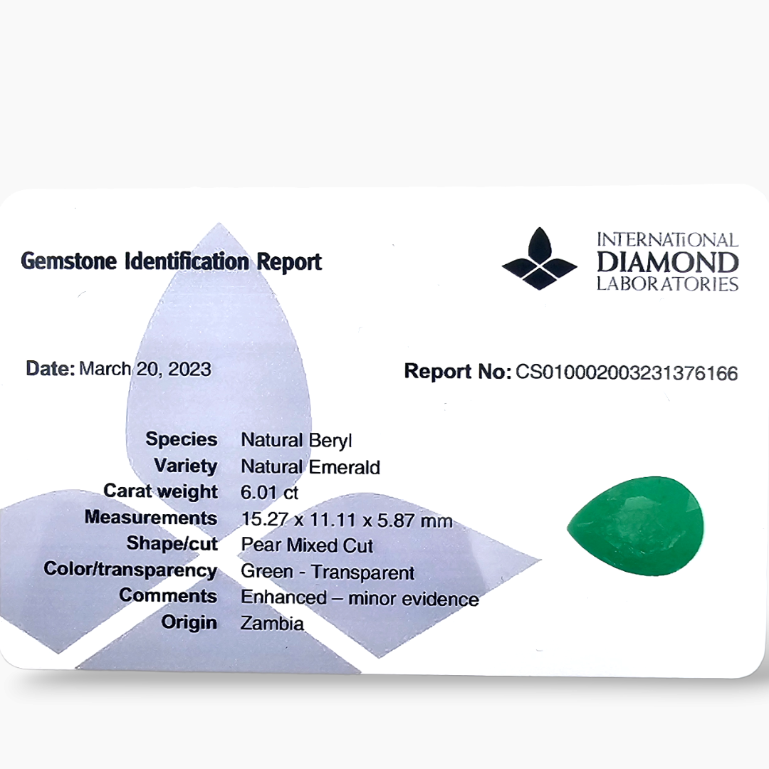 Natural Zambian Emerald Stone 6.01 Carats Pear Cut