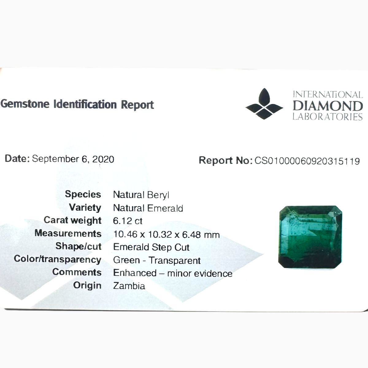 Natural Zambian Emerald Stone  6.12 carat  Emerald Cut  10.4x10.3x6.4mm