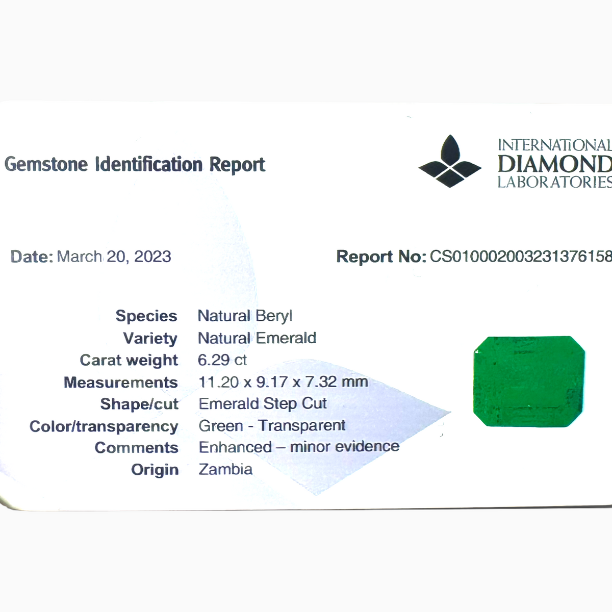 Natural Zambian Emerald Stone  6.29 carat  Emerald Cut  11x9 mm IDL Certified