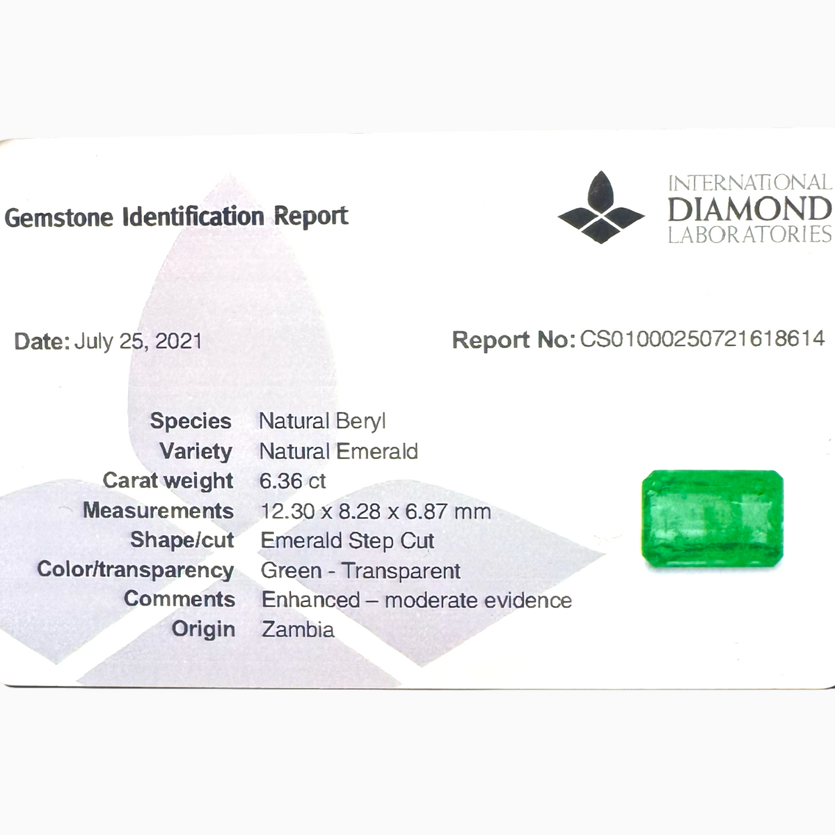 Natural Zambian Emerald Stone  6.36 carat  Emerald Cut  12.3x8.28x6.67mm