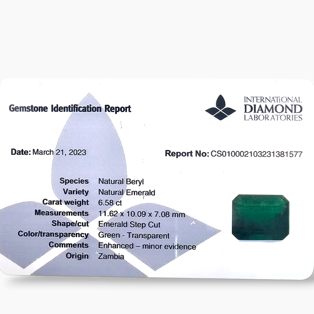 Natural Zambian Emerald Stone 6.58 Carats Emerald Cut