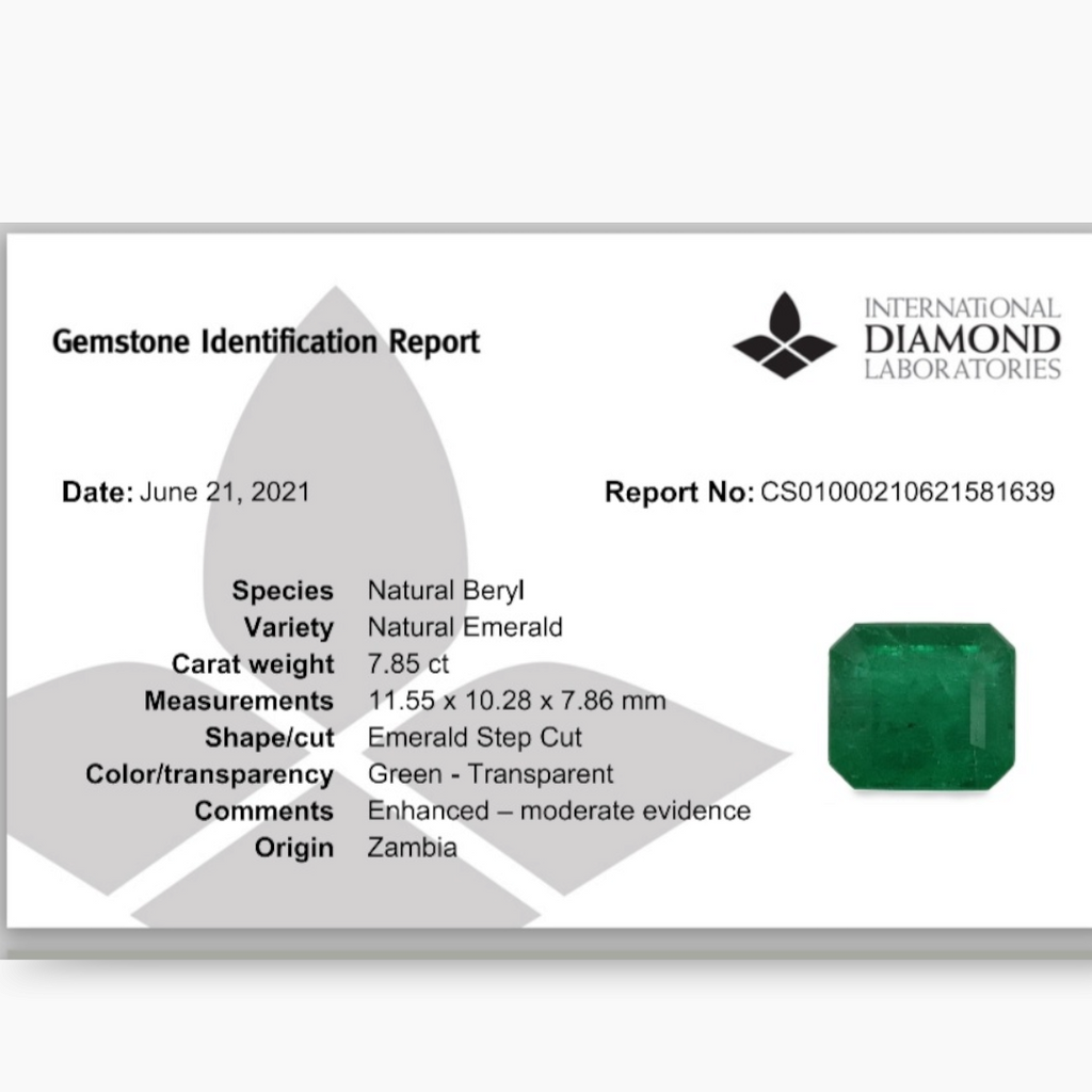 Natural Zambian Emerald Stone 7.85 Carats Emerald Cut ( 11.55x10.28x7.86 mm )