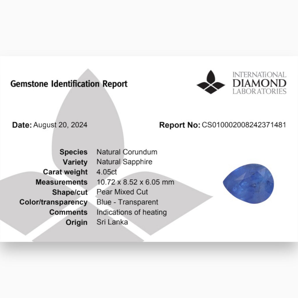 Natural Blue Sapphire Stone 4.05 Carats Pear Cut 10.72 x 8.52  mm
