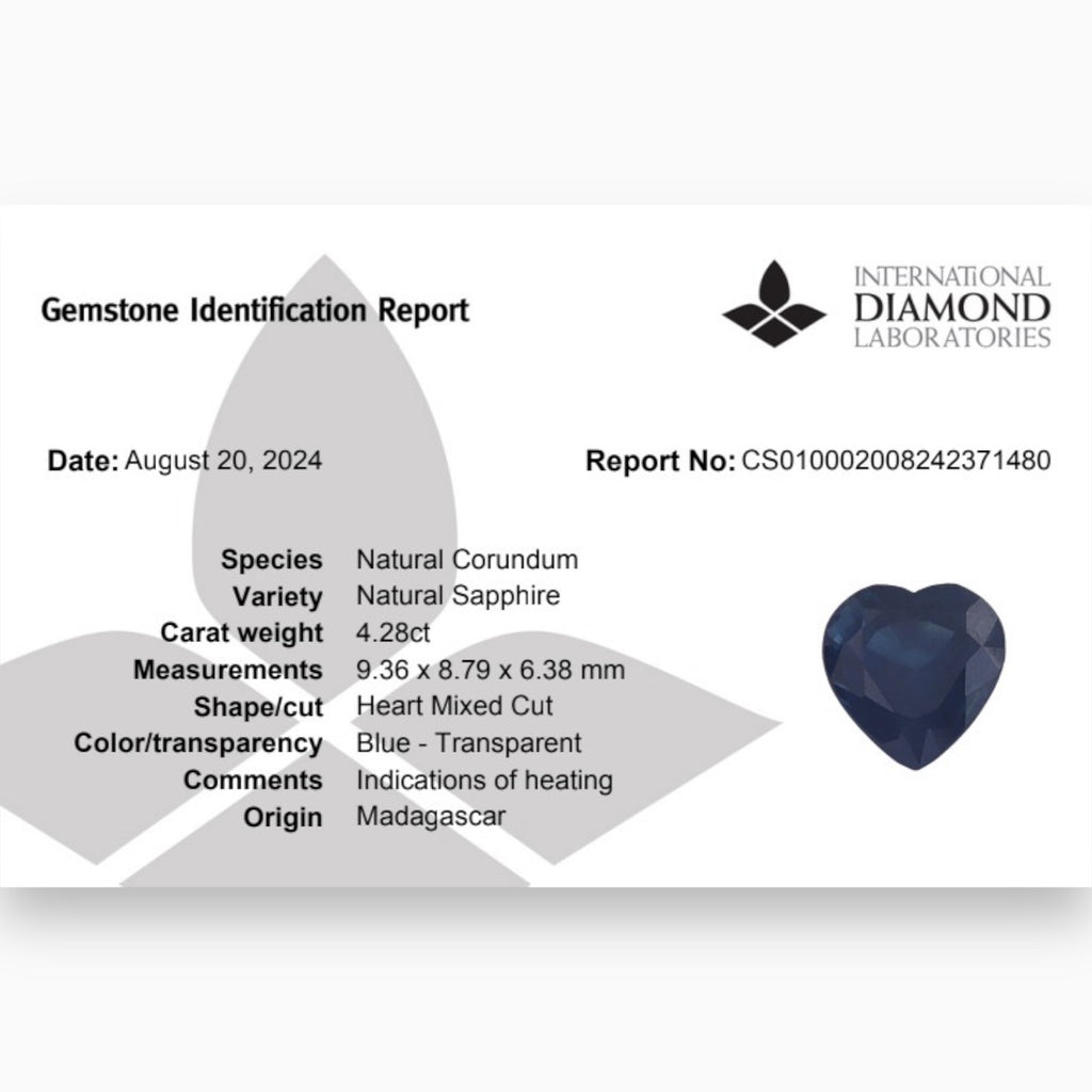 Natural Blue Sapphire Stone 4.29 Carats Heart Shape 9.36 x 8.79 mm