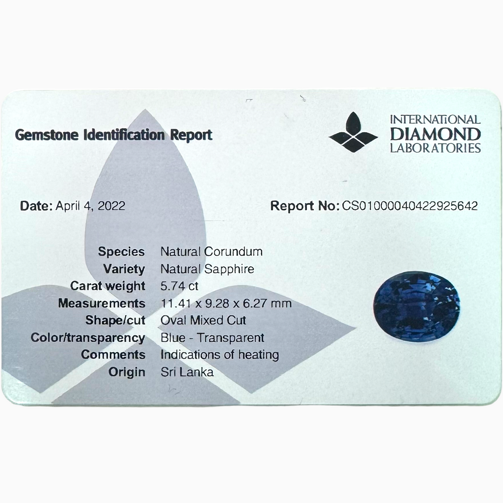 Natural Blue Sapphire Stone 5.74 Carats Oval Cut 11.41 x 9.28 x 6.25 mm