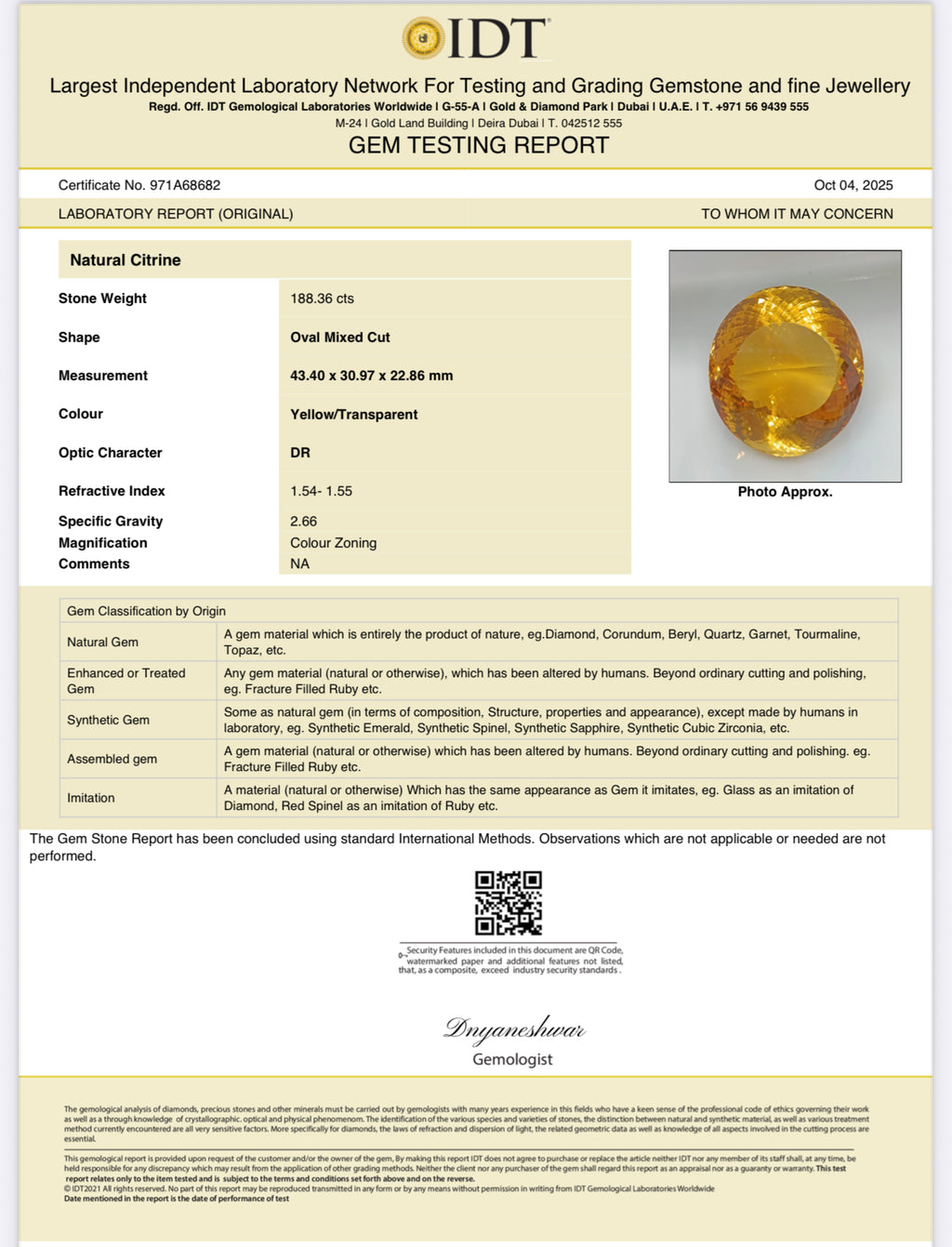 Natural Citrine Stone 188.36 Carats Oval Shape Size 43.40 x 30.97 x 22.86 mm