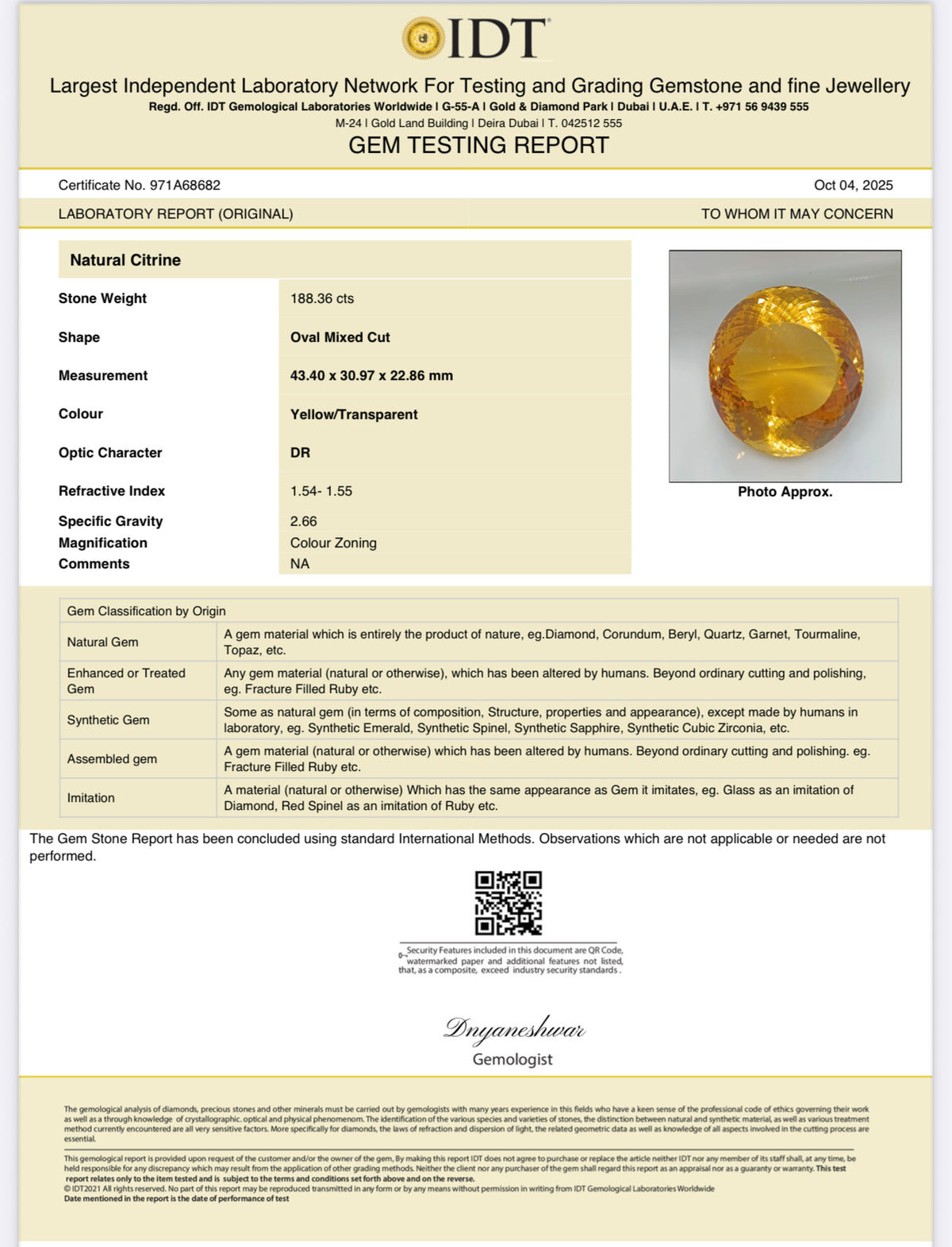 Natural Citrine Stone 188.36 Carats Oval Shape Size 43.40 x 30.97 x 22.86 mm