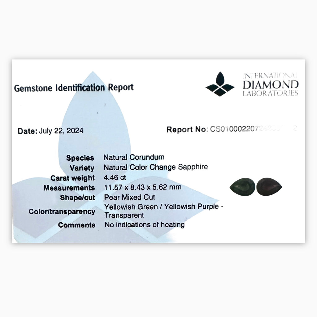 Natural Color change Sapphire Pear Shape 4.46 Carats Srilanka No Heat-IDL Certified