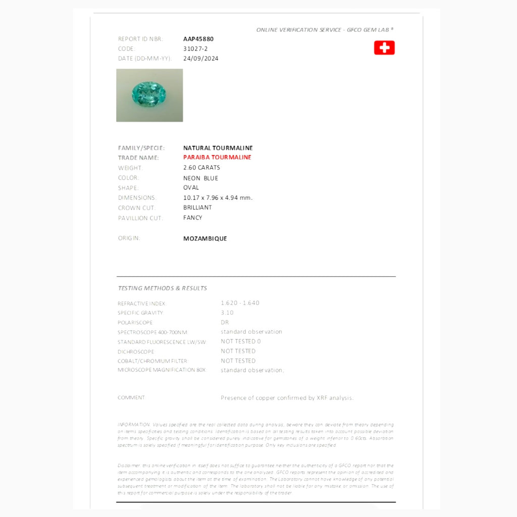 Natural Paraiba Tourmaline Oval 2.60 Carats 10.17 x 7.96 x 4.94 mm From Mozambique Certified From GFCO GEM LAB