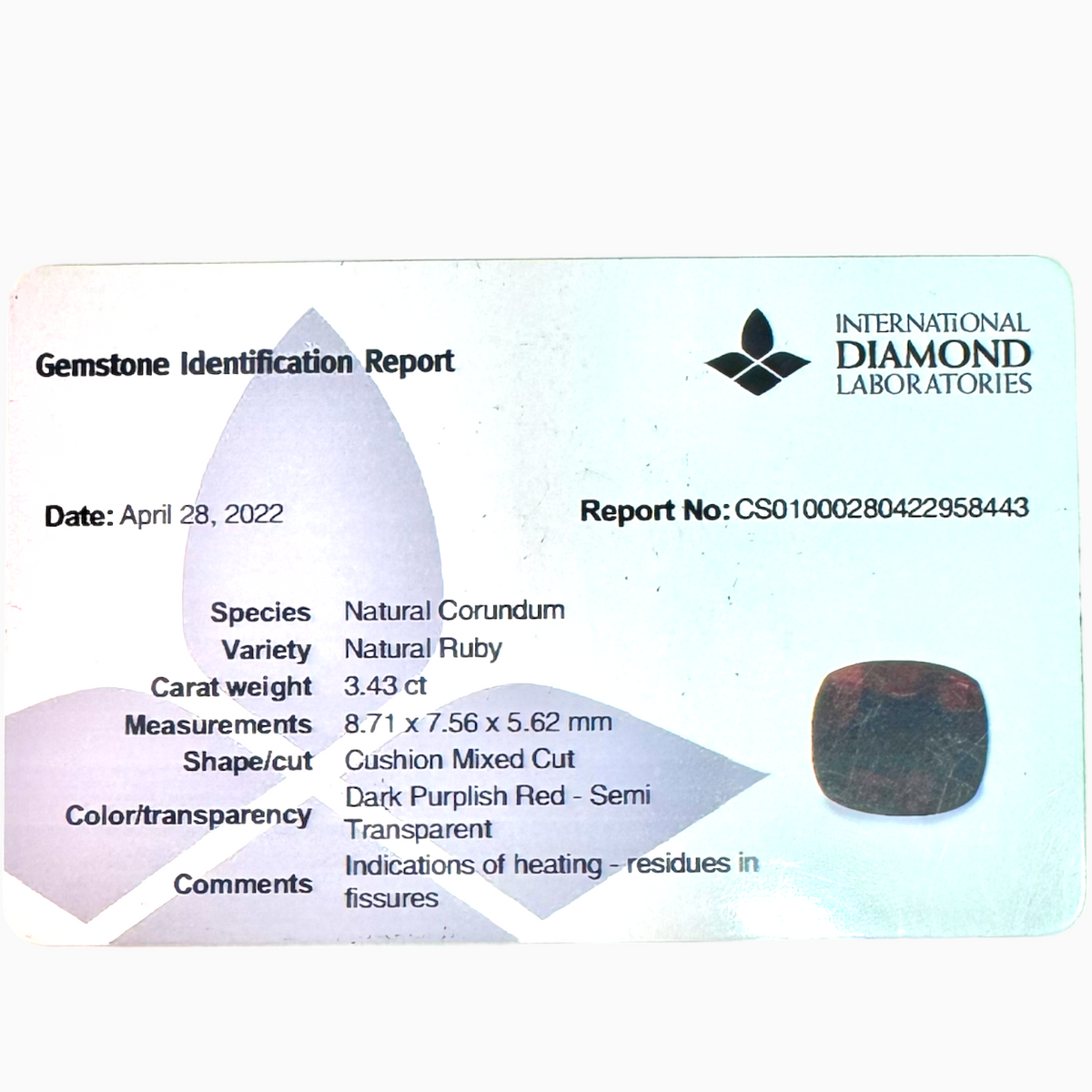 Natural Ruby Cushion Cut 3.43 Carats from Mozambique - IDL Certified