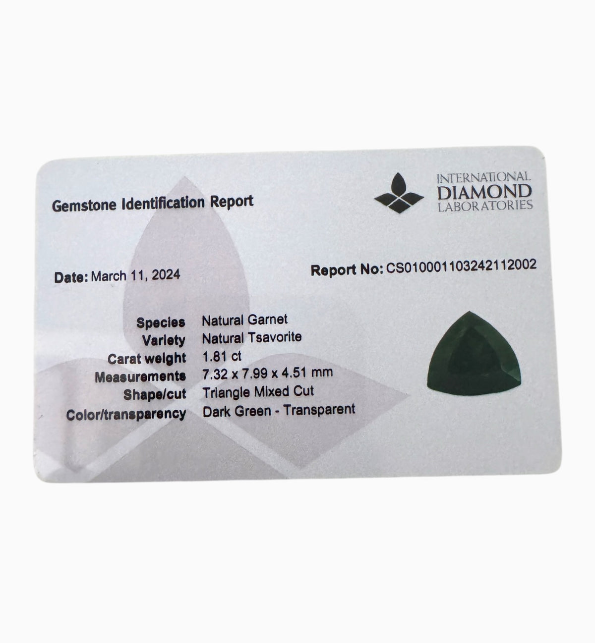 Natural Tsavorite Garnet Stone 1.81 Carats Trilliant Cut 7.32 x 7.99 mm