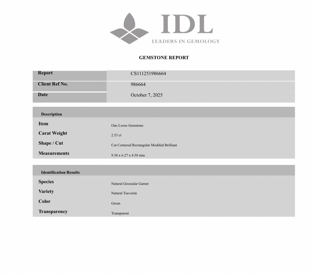 Natural Tsavorite Radiant Cut 2.53 Carats 9.38 x 6.27 x 4.58 mm Certified IDL