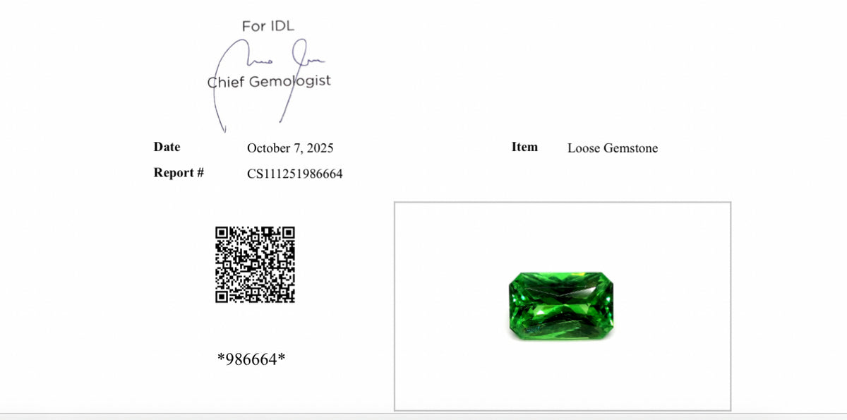 Natural Tsavorite Radiant Cut 2.53 Carats 9.38 x 6.27 x 4.58 mm Certified IDL