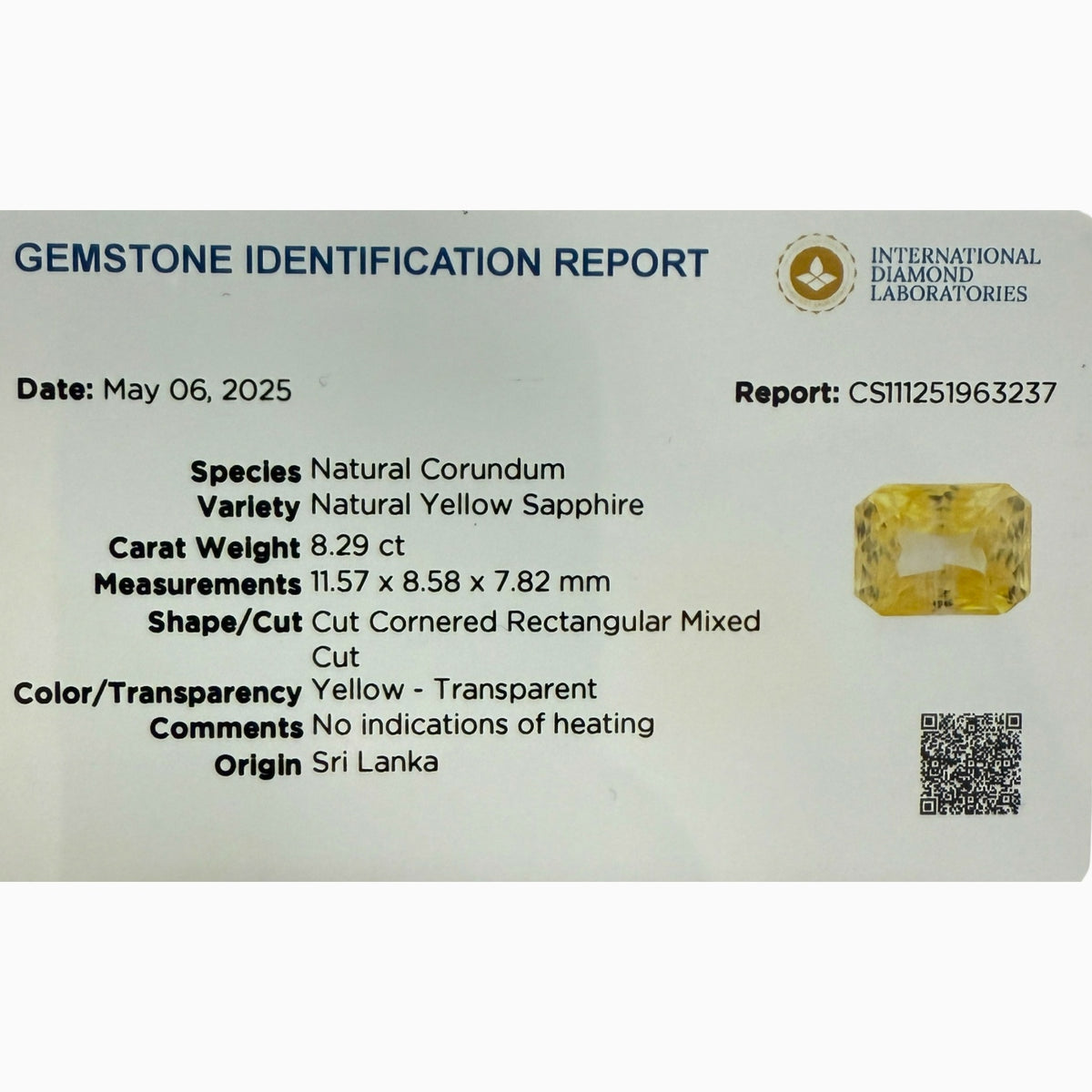 Natural Yellow Sapphire Radiant Cut 8.29 Carats IDL certified No Heat From Ceylon Srilanka