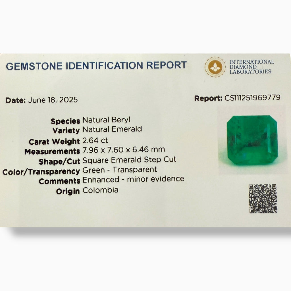 Natural colombian Emerald Asscher Cut 2.64 Carats 7.96 x 7.60 x 6.46 mm IDL Certified