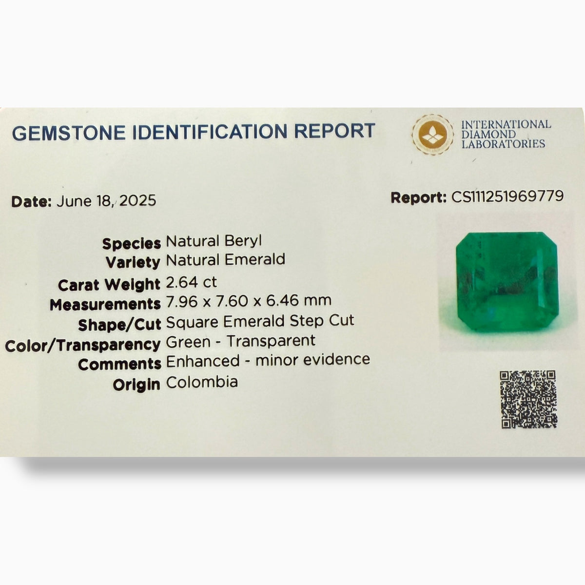 Natural colombian Emerald Asscher Cut 2.64 Carats 7.96 x 7.60 x 6.46 mm IDL Certified