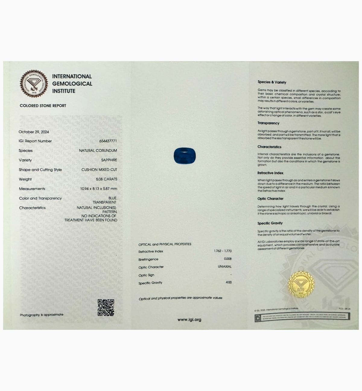 No Heat 100 % Natural Blue Sapphire Precious Stone 5.08 Carats  Cushion Cut 10.94 x 8.13 x 5.87 mm IGI Certified
