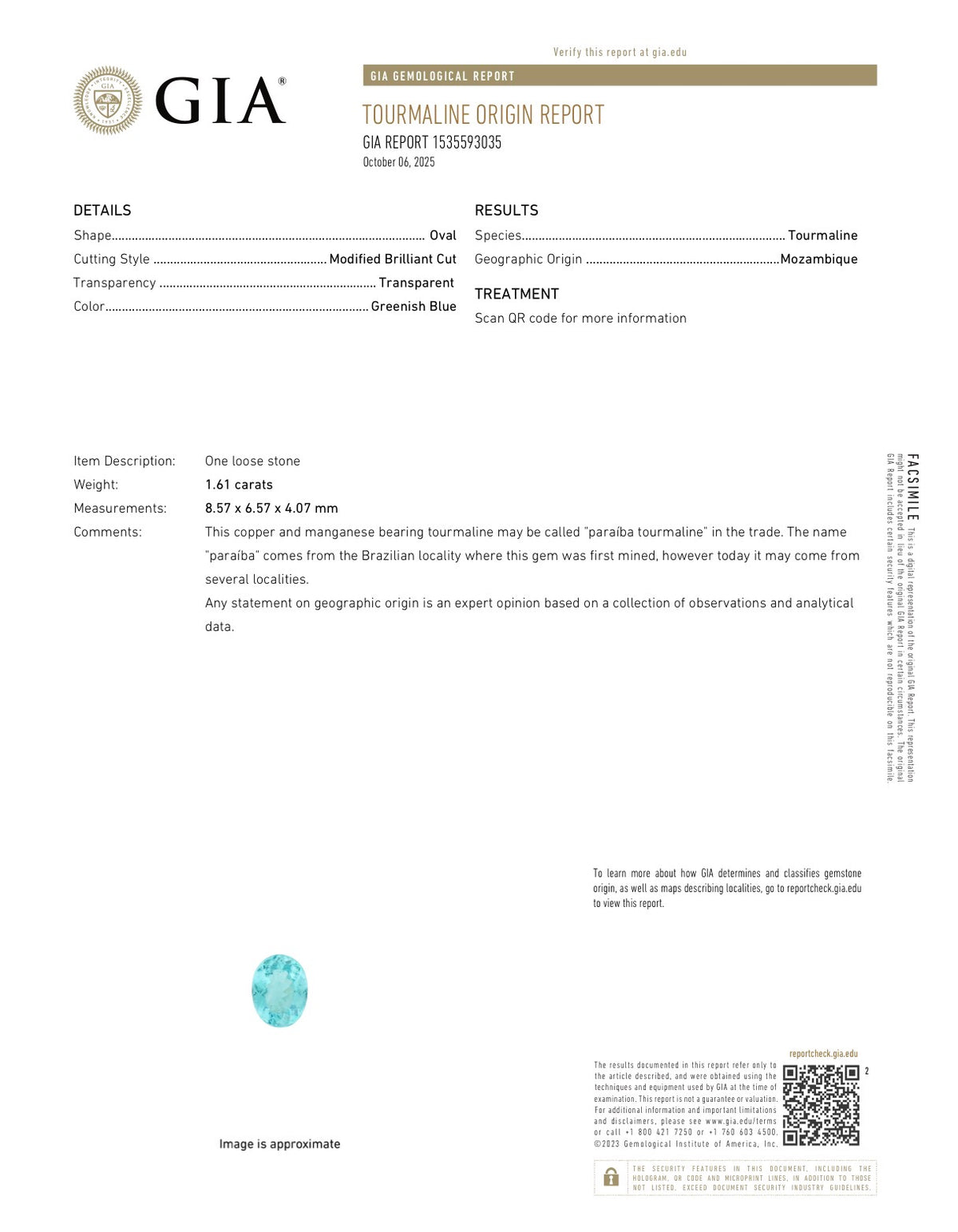 Paraiba Tourmaline 1.61 Carats Oval Cut 8.57 x 6.57 x 4.07 mm From  Mozambique