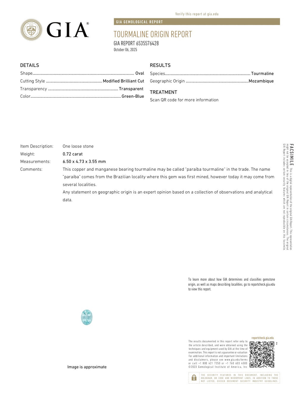 Paraiba Tourmaline Oval Cut 0.72 Carats 6.50 x 4.73 x 3.55 mm From Mozambique GIA Certified