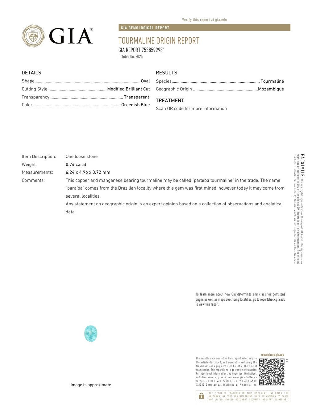 Paraiba Tourmaline Oval Cut 0.74 Carats 6.24 x 4.96 x 3.72 mm From Mozambique GIA Certified