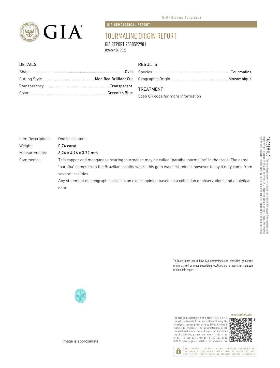 Paraiba Tourmaline Oval Cut 0.74 Carats 6.24 x 4.96 x 3.72 mm From Mozambique GIA Certified