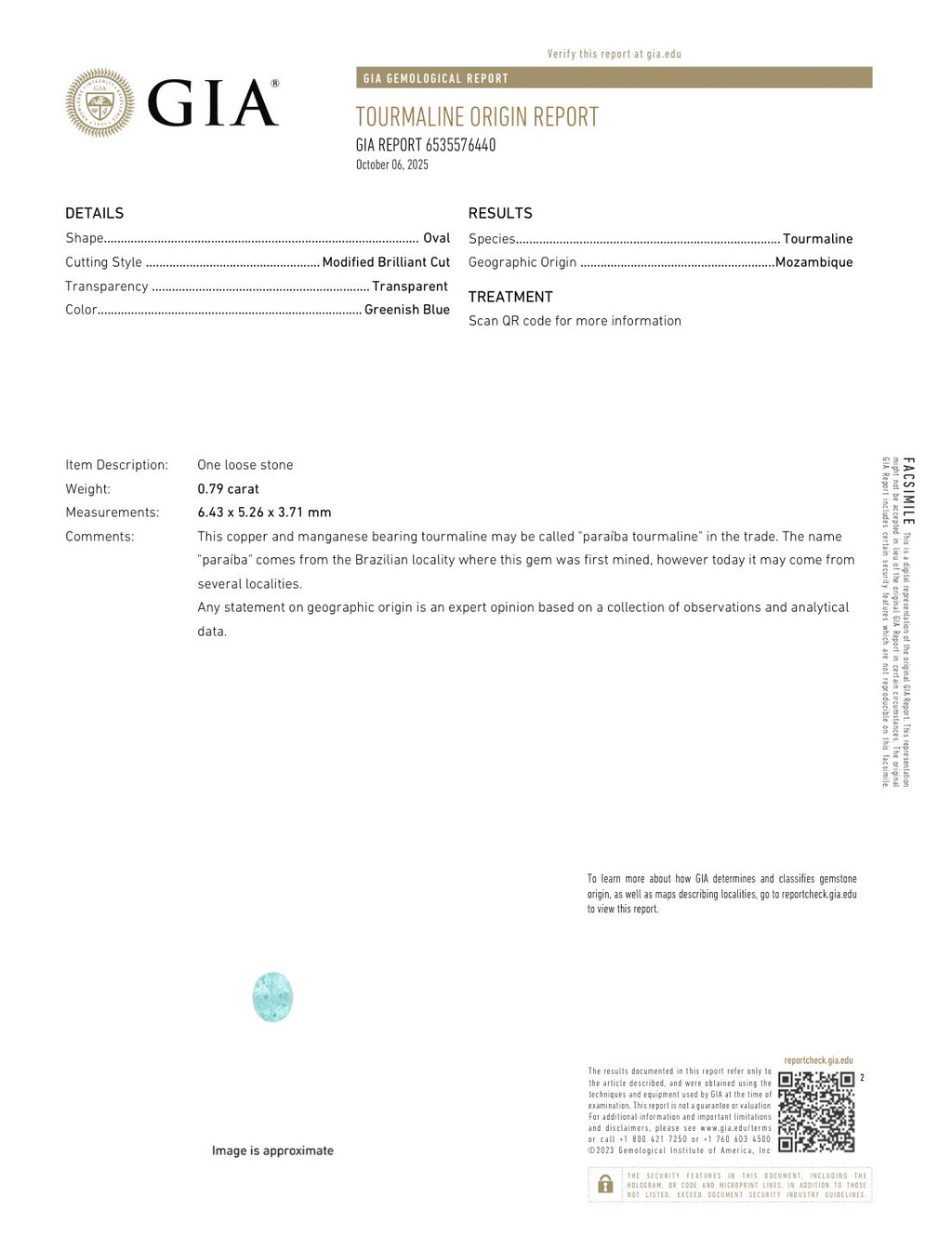 Paraiba Tourmaline Oval Cut 0.79 Carats 6.43 x 5.26 × 3.71 mm From Mozambique GIA Certified