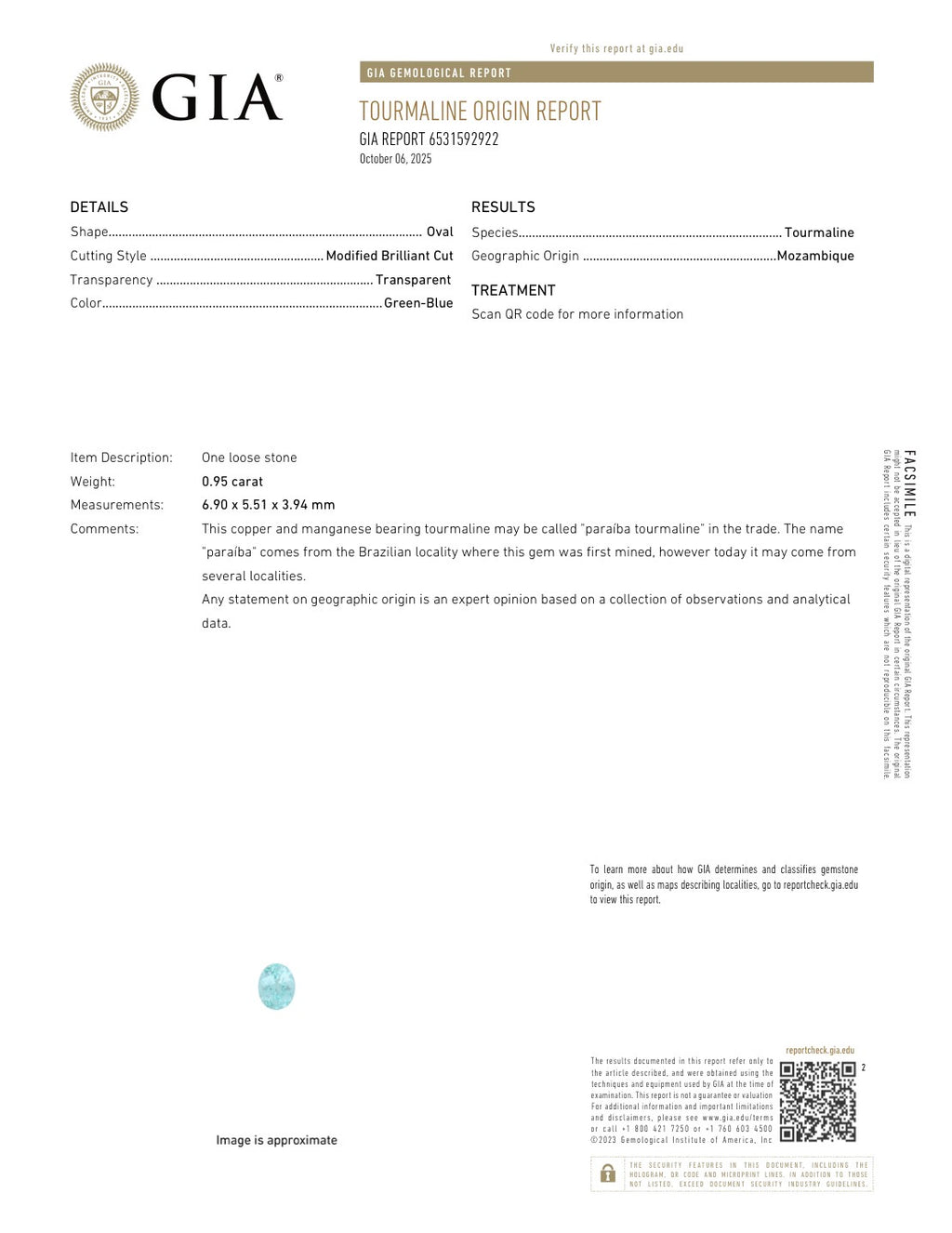 Paraiba Tourmaline Oval Cut 0.95 Carats 6.90 x 5.51 x 3.94 mm From Mozambique GIA Certified