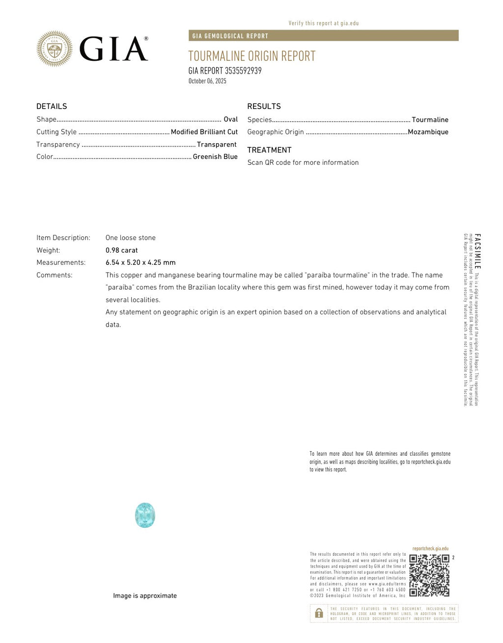 Paraiba Tourmaline Oval Cut 0.98 Carats 6.54 x 5.20 x 4.25 mm From Mozambique GIA Certified