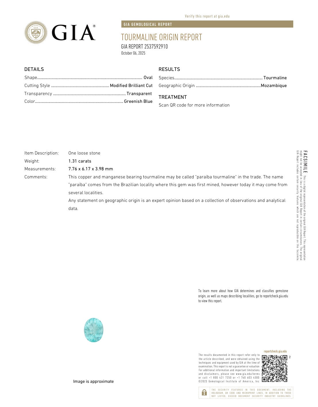 Paraiba Tourmaline Oval Cut 1.31 Carats 7.76 × 6.17 x 3.98 mm From Mozambique GIA Certified