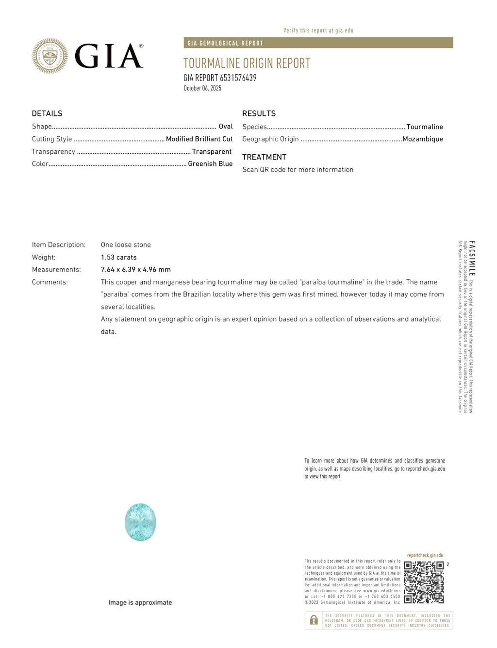 Paraiba Tourmaline Oval Cut 1.53 Carats 7.64 x 6.39 x 4.96 mm From Mozambique GIA Certified