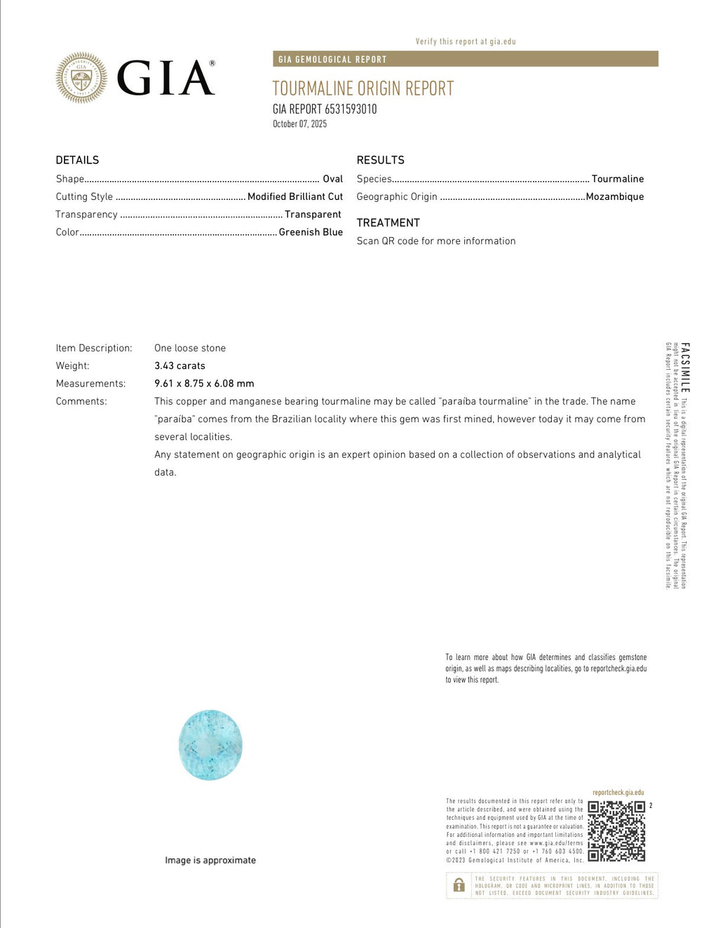 Paraiba Tourmaline Oval Cut 3.43 Carats 9.61 × 8.75 x 6.08 mm From  Mozambique GIA Certified