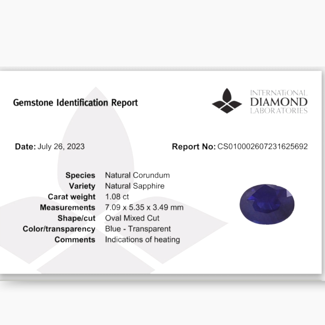 Blue Sapphire: 1.08 Carat Oval Cut - $900/ct, African Origin Certified by IDL