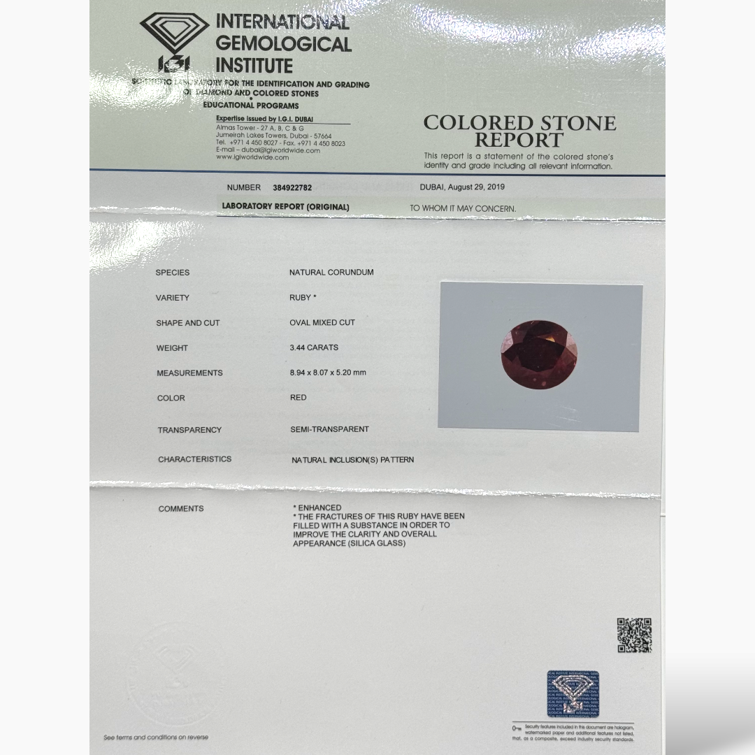Natural Ruby Oval Cut 3.44 Carats, Mozambique Origin - IGI Certified