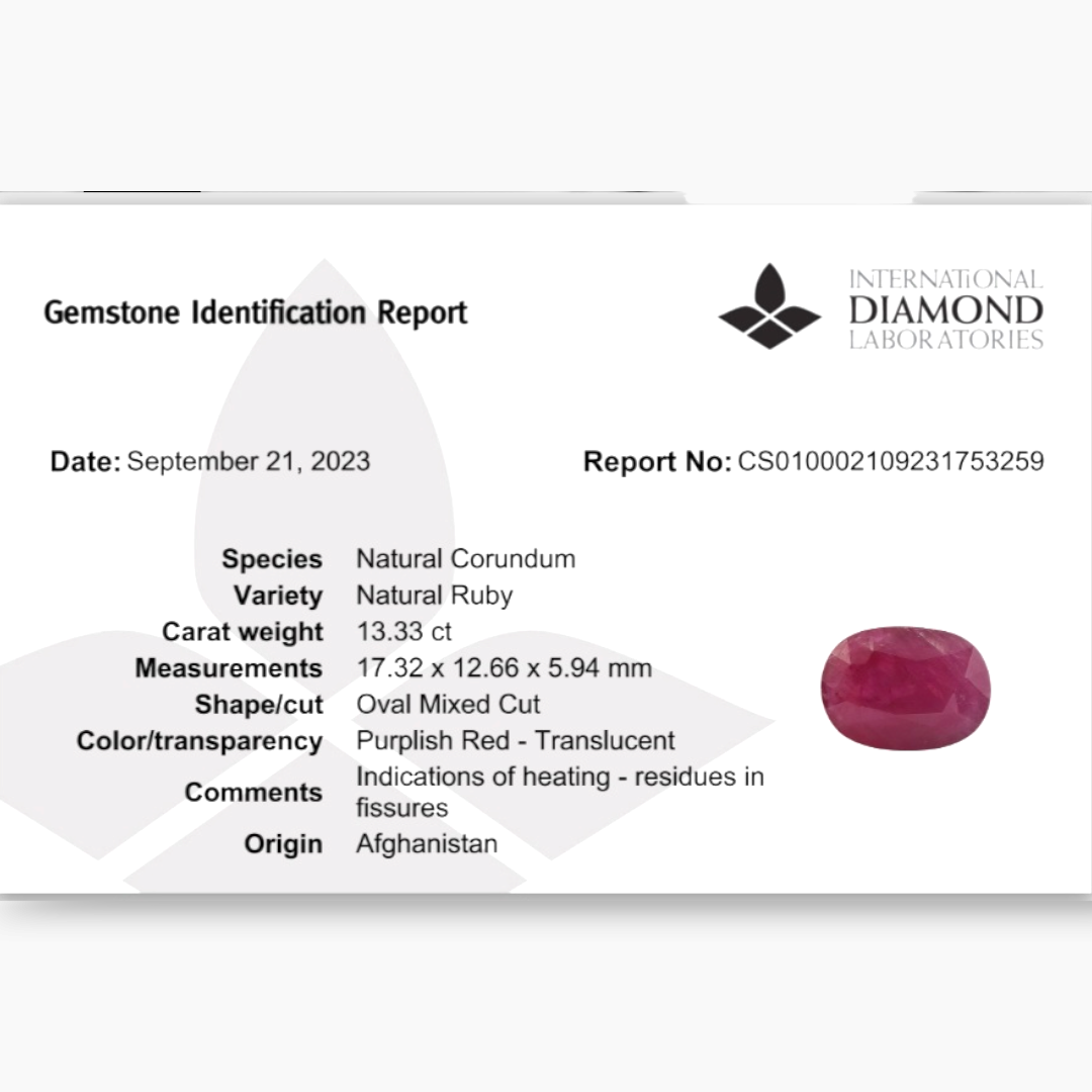 Buy Natural Ruby Oval Cut - 13.33 Carats from Afghanistan